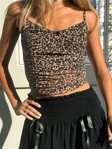 Women's Leopard Print Cami Tops Sleeveless Open Back V Neck Ruched Tank Tops - Brown - View 1
