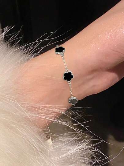 1 Pc 925 Prata Esterlina Requintado Elegante Trevo de Quatro Folhas Pulseira de Cinco Pétalas Pulseira de Flor para Mulheres Jóias Finas Presente de Festa Presente de Aniversário Uso Diário