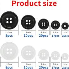 160 szt. czarno-białych guzików, okrągłe guziki z żywicy z 4 otworami, guziki do szycia, robótek na drutach, szydełkowania, dekoracji strojów DIY - 10/12/15/20/25 mm (160 szt. czarno-białych)