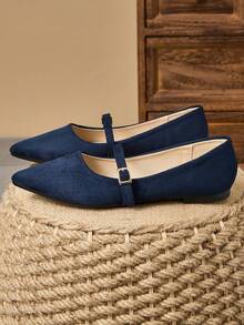 WHDXY 1 双女士尖头平底鞋，软皮休闲办公工作鞋，百搭乐福鞋，低帮软底仙女款平底一脚蹬高跟鞋 - 藏蓝色 - 查看 2