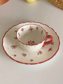 1 pieza/2 piezas/4 piezas Taza de té de la tarde de cerámica con relieve floral rojo estilo coreano Ins, taza de café de cerámica floral vintage, apta para desayuno, leche, postre, agua, oficina, sala de estar, uso diario