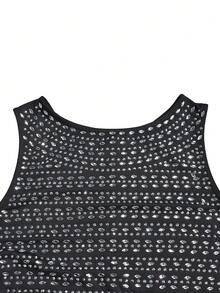 女士闪亮水钻圆领无袖修身长款晚宴礼服、婚礼宾客礼服、正式礼服、晚礼服、长袍 - 黑色 - 查看 5