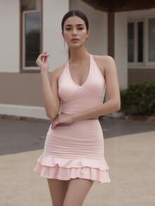 Women's Dress Slim Sleeveless Strapless Hanging Neck Solid Color Daily Basics Set Lace Up Backless Tank Top Dating Vacation Shopping Street Photography Club Wear Fashion Spring Summer With Ruffle Mini One-Piece Dresses Summer Sets