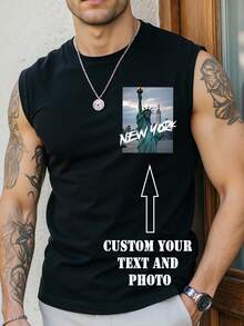 Customized Photo/Text Printed Men's Tank Tops, Personalized Tank Tees, Customized With Your Photos/Snapshots Of Loved Ones/Pets/Landscapes, Customized With Your Text/Greetings, Perfect For Gifts, Holidays, Anniversaries, Parties, Festivals, Company/Family, Summer Casual Wear - Black - View 1