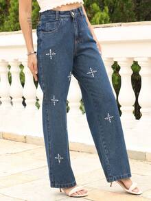 Women's Wide Leg Jeans With Embroidered Cross Arrows, New - 深色水洗藍 - 查看 4