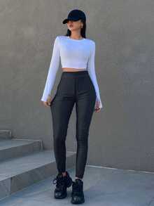 Leggings para dama, sexy y casual, efecto Vini-piel, tela de poliéster y spandex, ajuste de cintura alto, silueta ajustada, frescos y suaves, ideales para temporadas de primavera y verano. - Negro - Ver 1