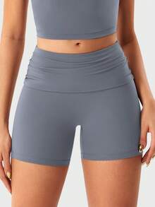 VOYJOY Womens Foldover Workout Shorts High Waist 4.5\" Fold Over Waist Band Romola Gym Yoga Running Shorts - 藍灰 - 查看 3