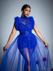 Faeriesty Elegantes Abendkleid mit stehendem Kragen ohne Ärmel, mit Rüschenakzenten, taillendefinierendem Gürtel und Pailletten-Tüll-Überlage - perfekt für Galas, rote Teppiche, Hochzeiten, gehobene Abendessen, gesellschaftliche Anlässe