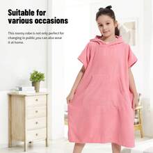 MUTAO 1pc Quick-Drying Comfortable Changing Robe With Pocket And Hooded Towel, Solid Color, Suitable For Beach And Bathroom - shell pink - View 9