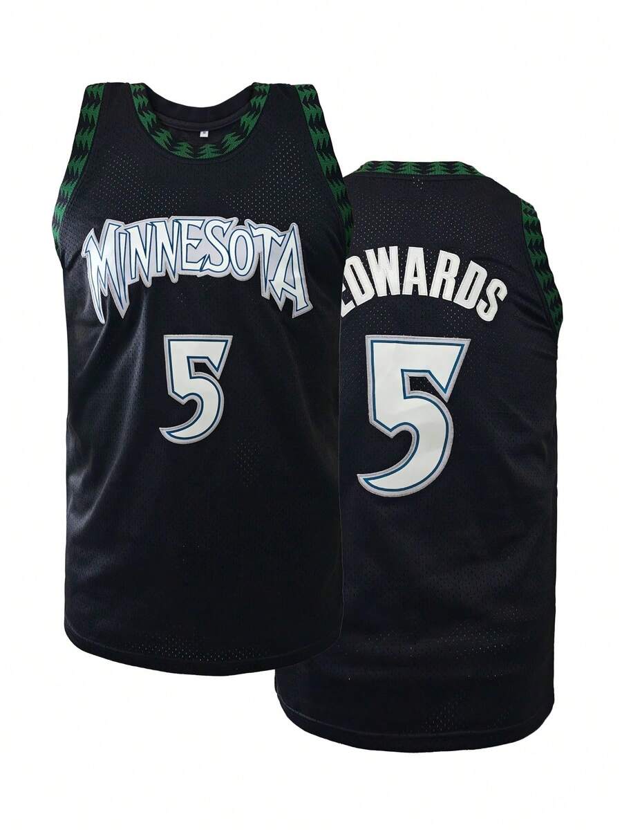 Camiseta de baloncesto azul con bordado de la letra "Minnesota" número 5 para hombres, diseño de cuello redondo sin mangas con ajuste holgado, adecuada para baloncesto, deportes, correr, fitness y otras ocasiones - Negro - Ver 1