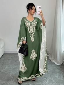 Printed Loose Waist Reversible Modest Abaya For Women - Dark Green - View 6