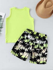 2 Pieces Casual Set: Tween Boys Tree Pattern Sleeveless T-Shirt And Elastic Waist Hawaiian Shorts - Mustard Yellow - View 3