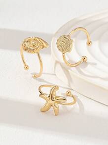 Set de 3 anillos de playa de verano con estrella de mar, concha de mar y abanico de concha para mujer, accesorios de joyería de vacaciones y viajes a la playa, regalo