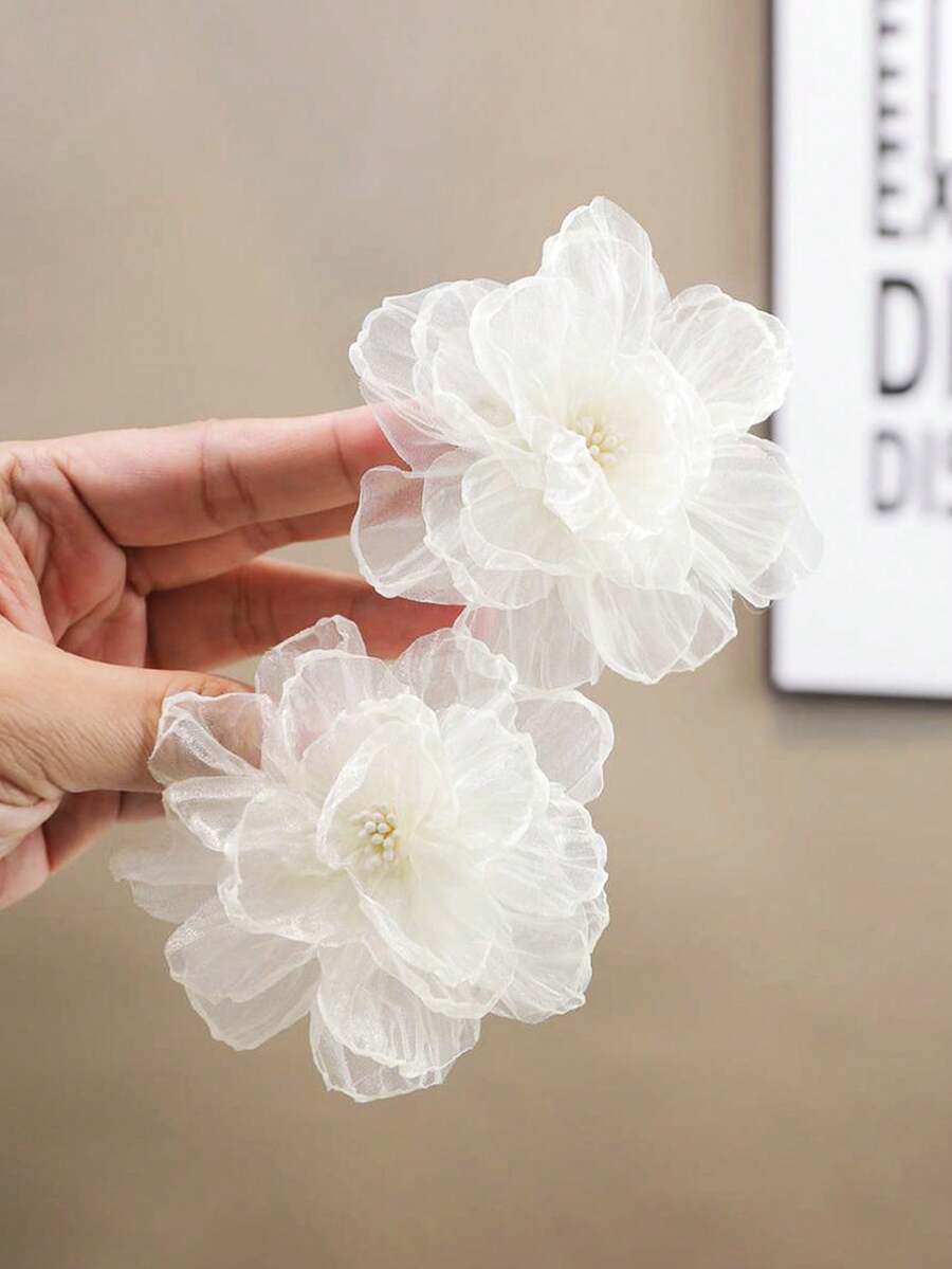 2pcs/Set Bohemian Minimalist White Mesh Flower Hair Clips - Elegant Ruffle Petal Design, Sweet Floral Hair Accessories Suitable For Casual, Travel, Daily Wear - White - View 1
