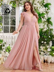 UNITHORSE 加大码深 V 领露肩礼服，腰部褶皱侧开衩，大码连衣裙，优雅女士连衣裙、晚礼服、伴娘礼服