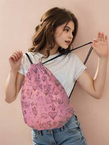 1 件带粉色蝴蝶结、心形、黑色蝴蝶结图案的抽绳背包，轻便健身包，适合运动、健身、旅行、游泳、海滩，适合男孩、女孩、女孩、男孩 - 彩色 - 查看 6