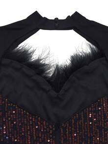Sexy Backless Deep V Long Sleeve Faux Feather Mesh Patchwork Sequins Jumpsuits Shorts For Women Glitter Birthday Party Graduation Outfit