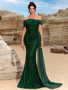 Elisanya 女士新款亮片正式晚礼服，不对称肩部网眼缎带露肩长裙，派对礼服，婚礼宾客礼服