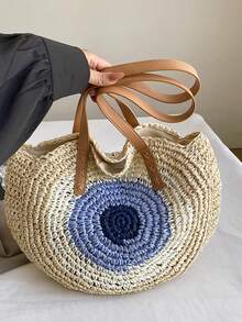 1 件新款度假风格撞色编织手提包，大容量沙滩包，单肩包，适合旅行和度假，可折叠且轻便