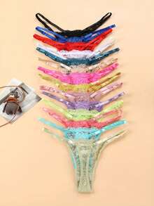 14pcs Women's Assorted Lace Thongs - Sexy Low Waist, Adjustable Straps, Floral Pattern With Bow Details, Breathable Nylon Blended Panties, Intimate Apparel | Floral Pattern Underwear | Nylon Blended Fabric - Multicolor - View 4