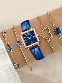 5PCS Ladies' Green PU Leather Dtrap Fashionable Casual Retro Simple Scale Square Dial Quartz Watch Bracelet Set For Daily Wear Decoration Or Gift Giving