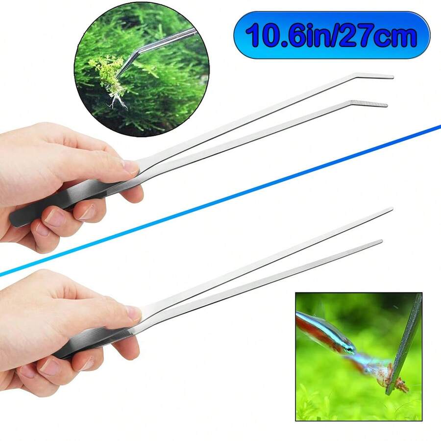 2pcs 10.6 Inch (Approx. 27.0 Cm) Extra Long Aquarium Tweezers, Stainless Steel Straight & Curved Forceps Set, Long Handle For Terrarium, Feeding Reptiles, Aquarium Plant Care & Gardening - Silver - View 1