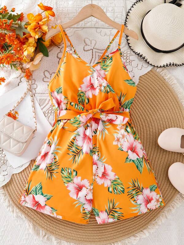Tween Girls Vintage Floral Print Camisole Jumpsuit, Beach Vacation Style, Summer