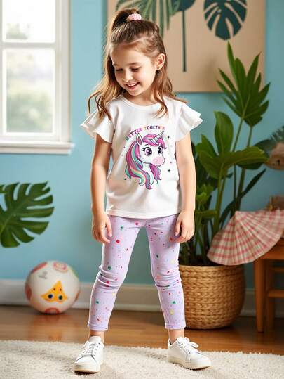 2pcs/Set Cute Unicorn Print Ruffle Sleeve T-Shirt & Colorful Polka Dot Leggings, Funny Casual Outfit For Young Girl