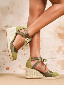 Women's Round Toe Thick High Heel Sandals, New Fashion Sexy Lace-Up Shiny Elegant Formal Shoes, Platform Wedge Summer Sandals Suitable For Party, Banquet, Date, Casual Wear In Spring - Green - View 4