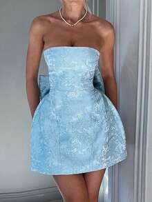 WOWDARK 女士优雅提花抹胸蝴蝶结迷你连衣裙，秋季 - 藍色 - 查看 8