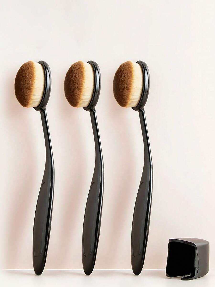 YISE 3 件装牙刷形底刷，椭圆形超柔软无缝覆盖化妆刷，适用于液体/霜状粉底、遮瑕膏，双功能干湿日常使用天然化妆工具 - 黑色 - 查看 1