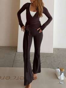 Yoga Sets Y2k Two Piece Workout Sets For Women Casual Solid Color Long Sleeve Workout Tops Cross Wrap Tie Deep V Neck Bandage Surplice Wrap Crop Top T Shirt And Elastic Flare Pants Set Skinny Bell Bottom Leggings Fitness Gym Athletic Sportswear Dance Ball - Coffee Brown - View 5