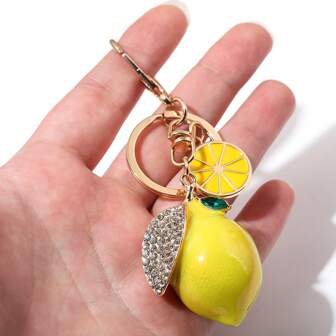 1pc Cute Rhinestone Lemon Shaped Keychain Colorful Fruit Metal Lemon Slice Key Chain Accessory Gift For Mom Friends Lightweight Luxury Accessory Summer