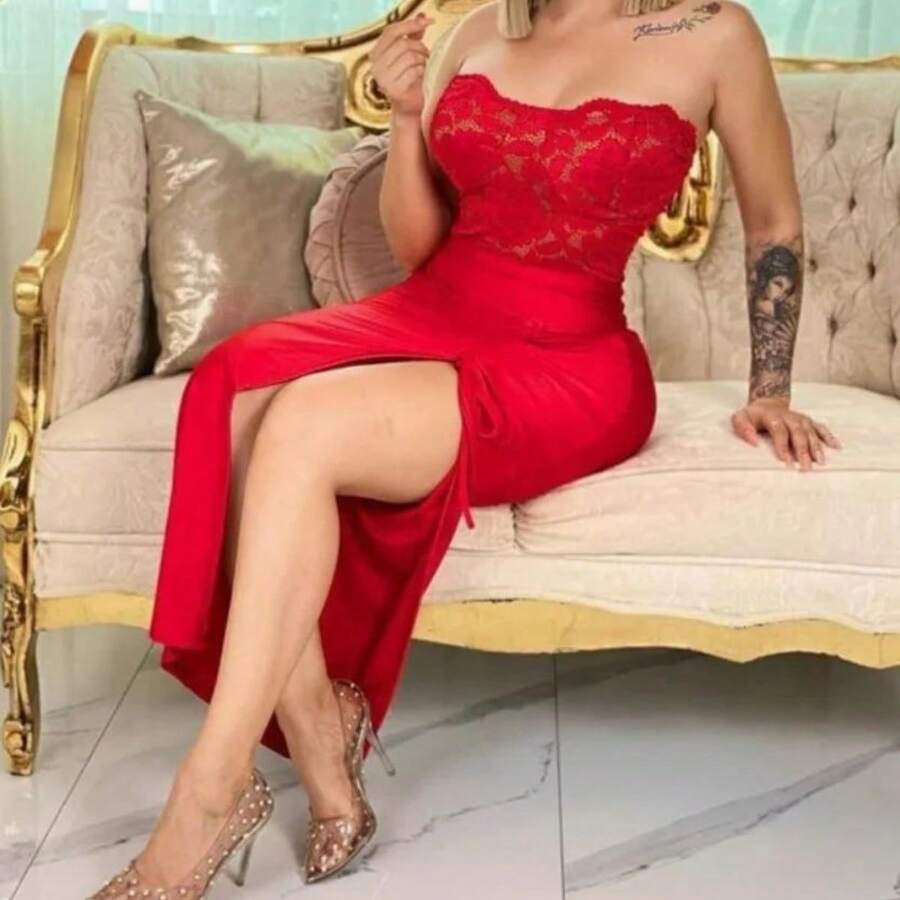 Falda de jareta licra colombiana larga con abertura en pierna sexy elegante moda chic sexy juvenil demure coquette - rojo - Ver 1