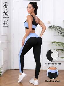 Women's Fashion Contrast Color Round Neck Sports Bra And Knitted Leggings 2 Pieces Set - Multicolor - View 1