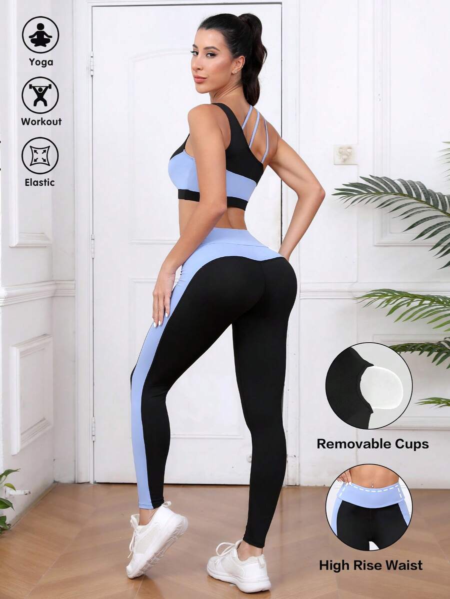 Women's Fashion Contrast Color Round Neck Sports Bra And Knitted Leggings 2 Pieces Set - Multicolor - View 1