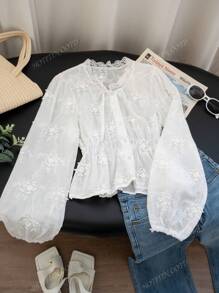 Completo di colore unito, elegante, da donna, per primavera ed estate, con maniche a palloncino, volant all'orlo, chiusura frontale con bottoni, camicetta elegante a maniche lunghe, adatta per uso quotidiano, strada, pendolarismo, casa, ufficio, appuntamenti, camicia/top da donna