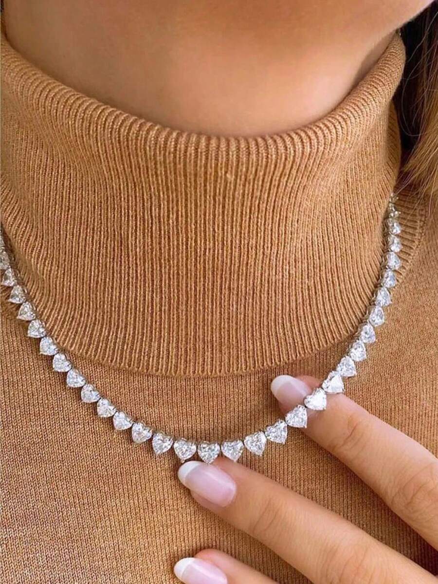 1 件超闪亮心形方晶锆石密镶网球链颈链女士订婚婚礼派对珠宝礼物