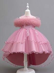 Elegant Young Girl's Lace Embroidery Princess Dress, Puffy Tulle Party Gown With Short Front And Long Back For Teenagers - Dusty Pink - View 1