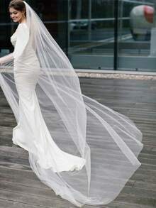 1 件新娘柔软裸色薄纱头纱，适用于婚礼、户外摄影，带拖尾配饰，适合女士秋季服装 - 米色 - 查看 7