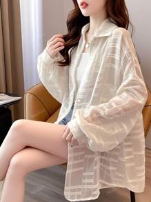 杏色长袖轻薄宽松女式夏季开衫防晒上衣