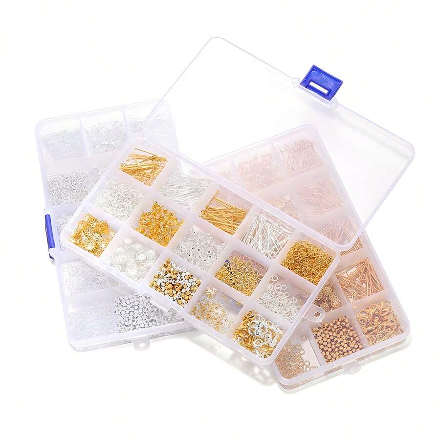 15 - Compartment Gold & Silver Combo Set: Lobster Clasps, Eye Pins, Jump Rings, Bead Caps & Extender Chains For DIY Bracelet Making - Multicolor - View 1