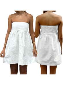 Women Tube Dress Solid Color A-Line Dress Strapless Dress Summer Backless Mini Dress - White - View 3