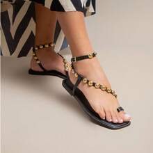 Women's Flat Sandals With Medallions, Metal Spheres, Back Buckle, Light, Soft, Comfortable, Metallic - màu đen - Xem 1