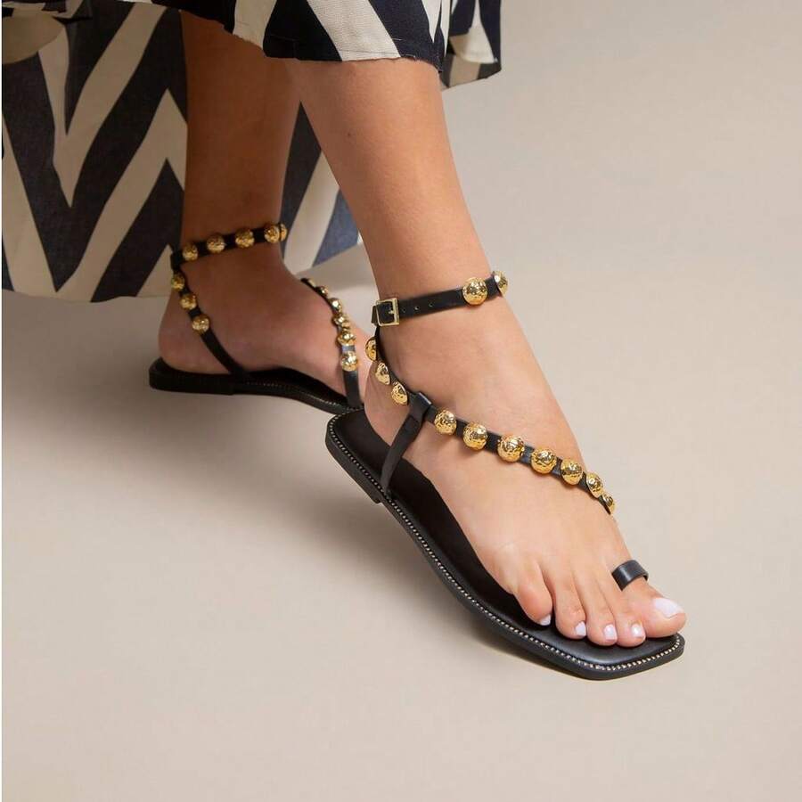 Women's Flat Sandals With Medallions, Metal Spheres, Back Buckle, Light, Soft, Comfortable, Metallic - màu đen - Xem 1