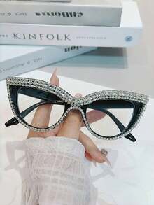 1pc Women's Cat Eye Shape Clear Glasses With Rhinestone Studded Frame Glasses Accessories For Women - Brown - View 9