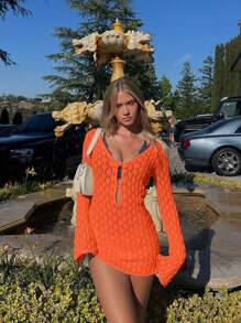 Women's Summer Vacation V-Neck Sheer Mesh Hollow Out Knot Button Crochet Long Sleeve Cover Up Sexy Solid Color Bodycon Mini Knit Beach Bikini Dress, Spring Fall