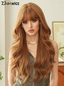 7JHH WIGS 28 Inch Ginger Brown Wig, Luxurious Long Wavy Curly Hair With Bangs, Fluffy And Natural, Made Of Very Soft Heat-Resistant Synthetic Fiber, Fully Machine Curled, Suitable For Girls' Daily Wear, Music Festival Parties, Street Outfits, Anime Cosplay Or Costume Styling. - 黃色 - 查看 2