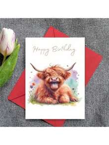 1pc Funny Highland Cow Birthday Greeting Card With Envelope - Whimsical Watercolor Design, Perfect For Family & Friends, Unique Party Decoration, Creative Bday Gift For All Ages - Multicolor - View 11
