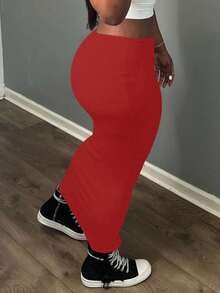 Women's Solid Color Long Skirt, Slim Fit, American Chic Style - Rượu vang đỏ - Xem 3